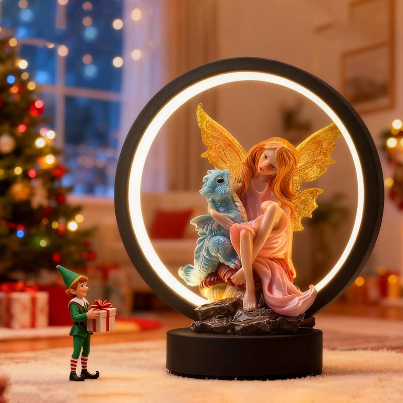 Hmusnwol Store Fairy Dragon Figurine Lamp - Fairy Collection Pixie Statue with 6.15 inch LED Circle Table Lamp for Gifts,Fantasy/Bedroom/Bookshelf/Desk Decoration - Image 5